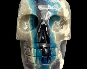 Hand Carved Trolleite Crystal Skull, Blue Scorzalite & Azulite, Life-Size Grounding Meditation Piece