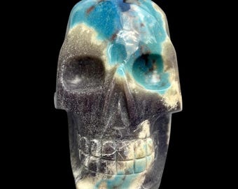 Hand Carved Large Trolleite Crystal Skull, Blue Scorzalite Azulite, Grounding Meditation Centrepiece