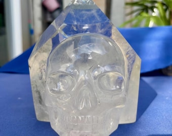 Large Clear Quartz Crystal Skull on Natural Point - Lemurian striations