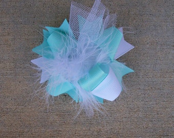 Aqua Hair Bow, Colorful Hair Ribbon, Custom Baby Hairbow, Ribbon Hair Clip, Baby Hair Bow Clip, Aqua and White Bow