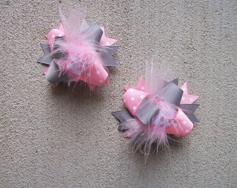 Pigtail Hair Bows, Colorful Hair Ribbon, Custom Baby Hairbow, Ribbon Hair Clip, Baby Hair Bow Clip, Pink and Gra Bow