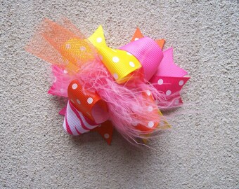 Hair Bow, Colorful Hair Ribbon, Custom Baby Hairbow, Ribbon Hair Clip, Baby Hair Bow Clip, Pink Orange and Yellow Bow