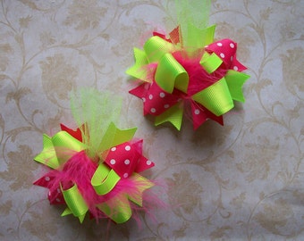 Neon Hair Bow, Colorful Hair Ribbon, Custom Baby Hairbow, Ribbon Hair Clip, Baby Hair Bow Clip, Neon Pink and Green Bow