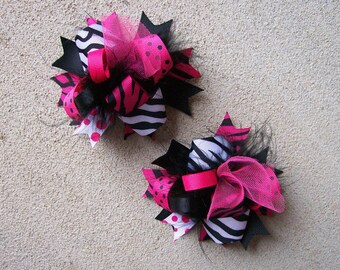 Pigtail Hair Bows, Colorful Hair Ribbon, Custom Baby Hairbow, Ribbon Hair Clip, Baby Hair Bow Clip, Pink and Black Bow