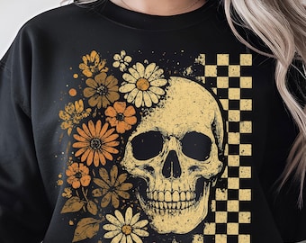 Retro Vintage Blumen Schädel Halloween PNG | Grunge Schachbrett Floral Gothic Sublimation | Digitaler Download