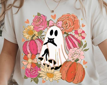 Coquette Ghost PNG: Floral Pink Cat, Retro Spooky Fall (Digital Download)