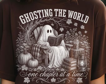 Ghosting the World PNG, Fall Halloween Ghost Reading Book Spooky Autumn (Digital Download)