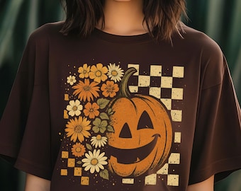 Retro Pumpkin Face PNG: Fall Floral Halloween Checkerboard (Digital Download
