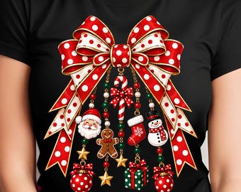 Christmas PNG, Red Polka Dot Holiday Bow, Santa Snowman Candy Cane Gingerbread (Digital Download)