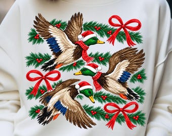Merry Christmas Mallard Duck Red Bow PNG, Vintage Pine Greenery Holiday Hunting (Digital Download)