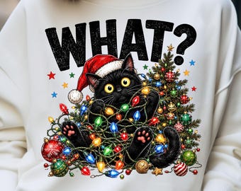Funny Christmas Lights Black Cat PNG, Festive Holiday Cat Santa Hat Sublimation (Digital Download)