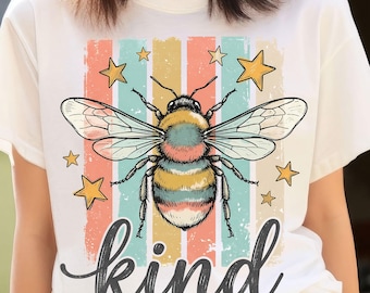 Be Kind PNG, Retro Biene Preppy gestreifte Vintage bunte trendige Hummel (digitaler Download)