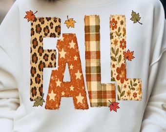 Fall Season Shirt PNG, Sublimation Design, Retro Autumn Leopard Floral Patchwork Letters (Digital Download)