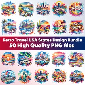 USA Staaten PNG Bündel | 50 Retro Reise Clipart Designs | Digitaler Download für Sublimation & Kunsthandwerk