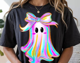 Iridescent Ghost Coquette Halloween PNG, Sparkly Boo With Bow for Shirts & Crafts, Digital Download.