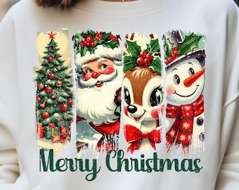 May include: White sweatshirt featuring a festive Christmas design. The graphic includes a Christmas tree, Santa Claus, a reindeer, and a snowman. The words "Merry Christmas" are printed in green below the characters.