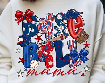 Baseball Mama PNG, Patriotic Bow Cap Glove Bat Design Sublimation (Digital Download)