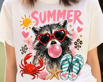 Sommer Waschbär PNG, Beach Vibes Tier, Sonnenbrille Bubble Gum Flip Flops (Digitaler Download)