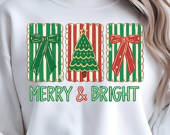 Merry & Bright Christmas PNG: Preppy Christmas Retro Striped Tree Coquette (Instant Digital Download)