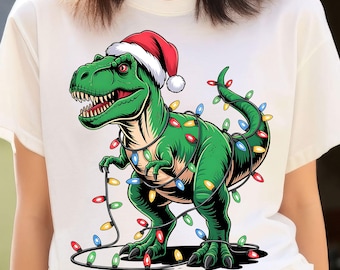 Weihnachten T-Rex PNG: Dinosaurier mit Weihnachtsmütze und Lichtern | Lustiger Urlaub (Instant Digital Download)