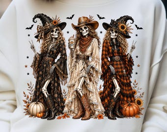 Skeleton Cowgirl Trio PNG, Western Halloween Witch, Fall Pumpkin Spice Ghost (Instant Digital Download)