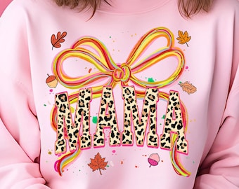 Leopard Print MAMA PNG: Fall Coquette Brushstroke Bow, Autumn Leaves Sublimation (Digital Download)