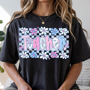 Retro Teacher PNG: Floral Checkerboard Back to School Design (Digital Download