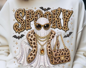 Glamorous Spooky Ghost PNG, Sparkle Bling Rhinestone Leopard Fur Halloween (Instant Digital Download)