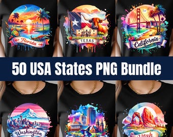 USA Staaten PNG Bündel | 50 Retro Reise Clipart Designs | Digitaler Download für Sublimation & Kunsthandwerk