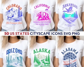 50 US States Cityscape SVG PNG Bundle: Retro Landmark Designs (Digital Download)