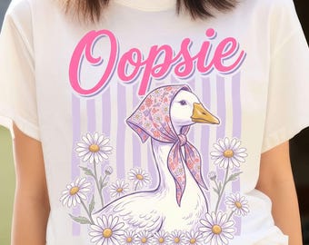 Oopsie Floral Stripe Gans PNG, Retro Preppy Daisy Blumen und Kopftuch (Digital Download)