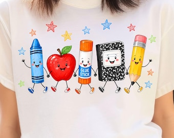 Back to School Supplies PNG, Crayon Apple Pencil Notebook Glue Stick Sublimation (Digital Download)