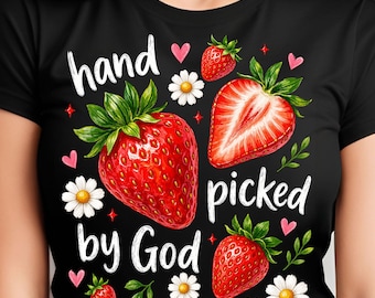 Von Gott handgepflückte Erdbeere PNG, christlicher Glaube, Bibelvers, Blumensublimation (Digitaler Download)