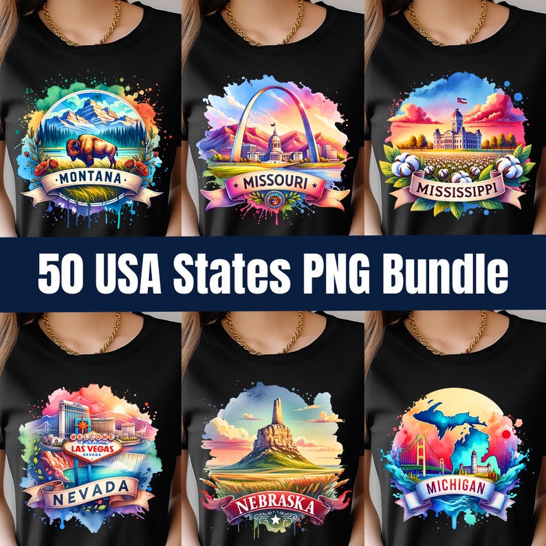 USA States PNG Bundle | 50 Retro Travel Clipart Designs | Digital ...