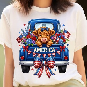 Highland Cow America PNG, Patriotic 4th of July Vintage Blue Truck (Digital Download)