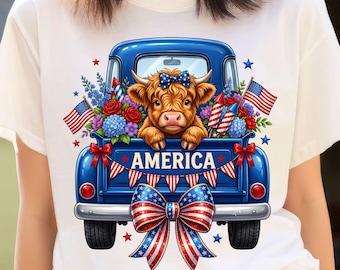 Highland Cow America PNG, 4. Juli Vintage Blauer LKW (Digitaler Download)