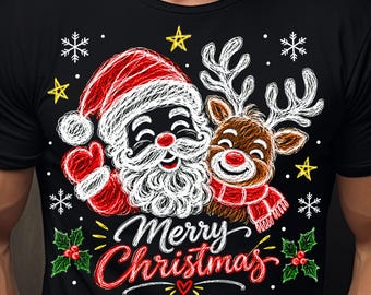 Merry Christmas Santa & Reindeer PNG, Festive Hand Drawn Sketch Sublimation (Digital Download)