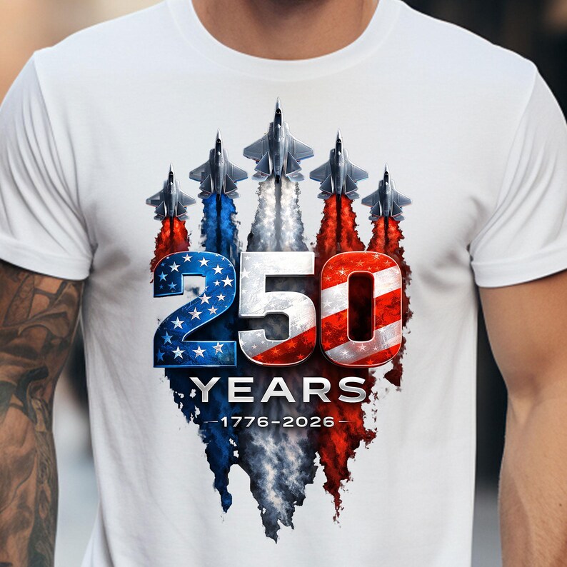 Patriotic fighter jet graphic featuring red white and blue smoke trails.