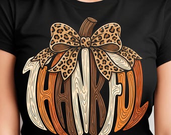 Leopard Bow Thankful Pumpkin PNG, Fall Autumn, Trendy T-Shirt Design (Digital Download)