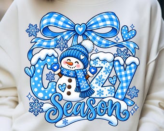 Cozy Season PNG, Snowman Blue Gingham Bow Snowflake Winter Sublimation (Digital Download)