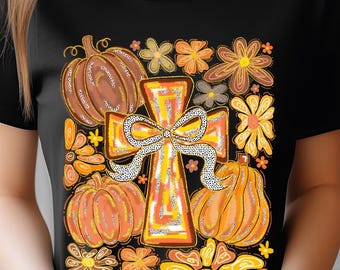 Fall Cross PNG Digital Download – Pumpkin and Floral Autumn Faith Design – Christian Thanksgiving.