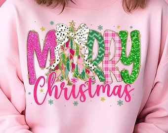 Merry Christmas PNG: Retro Pink Christmas Tree bow Snowflakes Sublimation (Instant Digital Download)