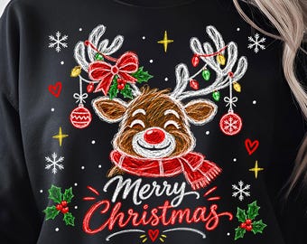 Merry Christmas Reindeer PNG, Drawn Sketch Holiday Sublimation, Festive T-Shirt Print (Digital Download)