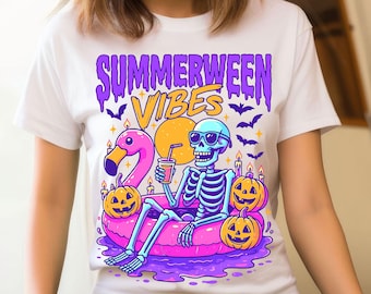 Summerween Vibes PNG, drôle de squelette Halloween Summer Beach, flamant rose fantasmagorique, téléchargement numérique.