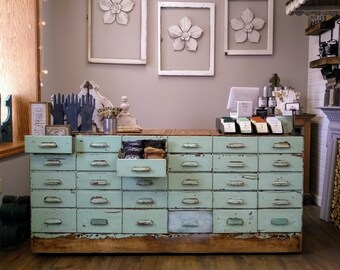 Old Shop Counter | Kitchen Island | Vintage Mint Green Antique Store Counter | French Farmhouse | General Store Merchandise Display