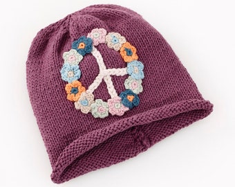 Organic Purple Flower Peace Hat | Baby Gift | Organic and Fair Trade | Pebble Handmade Kids Soft Hat | Girl's Winter Accessory