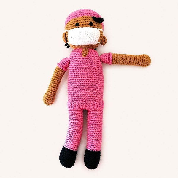 Nurse | Doctor in Pink Hospital Scrubs with Mask | Fair Trade | Handmade Kids Soft Toy | Healthcare Worker | Pretend Play | Machine Washable
