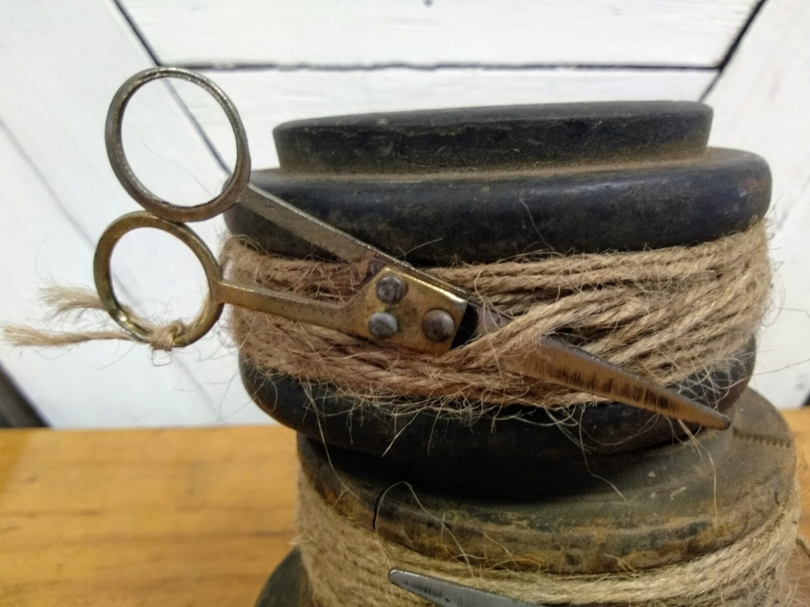 Wooden Sewing Spools With Twine and Scissors Industrial Etsy