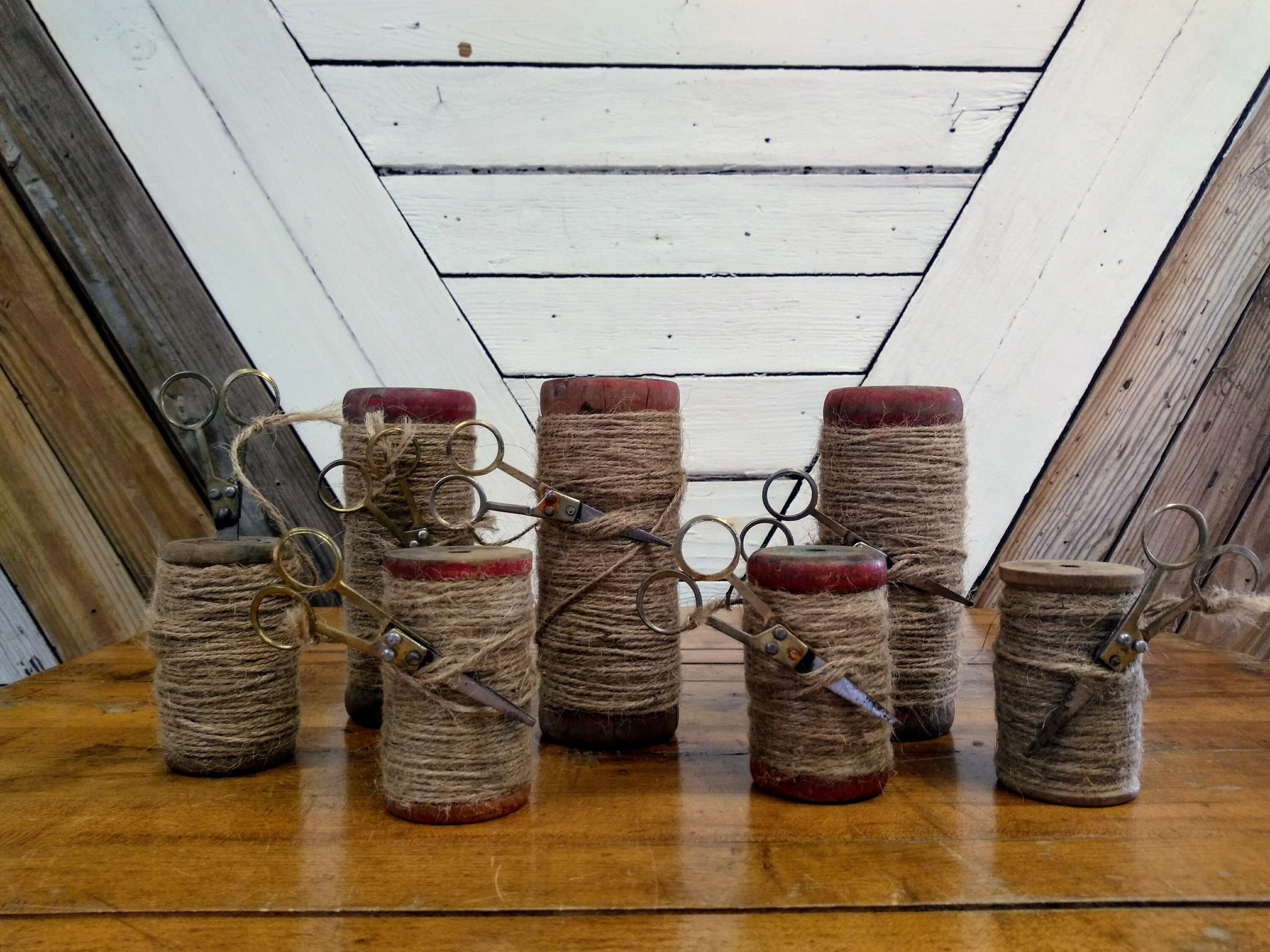 Set of Wooden Sewing Spools With Twine & Scissors Industrial Etsy UK