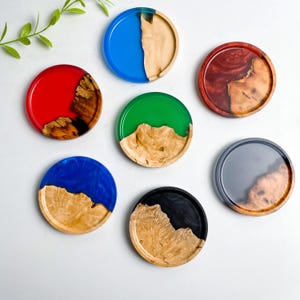 Wood and Resin Coasters – Handmade Epoxy Drink Mats, Natural Burl Wood Round Coaster Set in 7 Colors, Gift for Home Bar